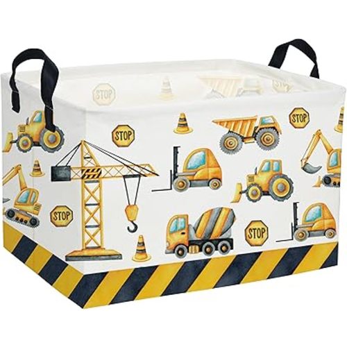 Essme Rectangular Kids Baskets,Car Storage Basket with Handles for Boys Room Decor,Vehicle Storage Bin(Engineering Vehicle)