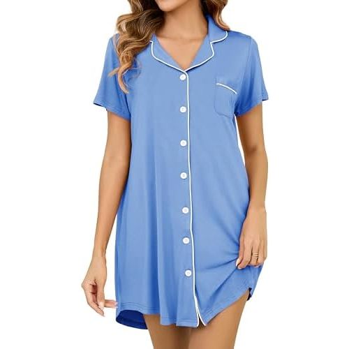 Nightgowns for Women Short Sleeve Button Down Nightshirt Soft Sleepshirt Boyfriend Pajama Dress