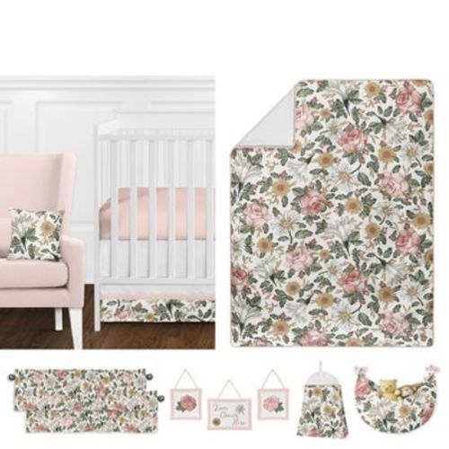 Sweet Jojo Designs Girl Baby Crib Bedding Set - Vintage Floral Pink Green And Yellow 11pc
