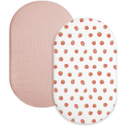 Bassinet Sheet for Baby Boy Girl 2 Pack, Fitted Sheets for Rectangle, Oval, Hourglass Bassinet Mattress, Muslin Moses Basket Sheets (Strawberry & Pale Pink, Bassinet Sheet)