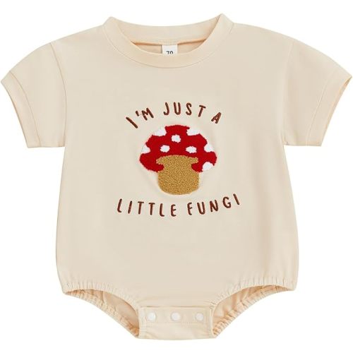 Licupiee Newborn Girl Boy Mushroom Romper Shirts Infant Baby Summer Clothes Letter Embroidery Short Sleeve Bodysuit Tops