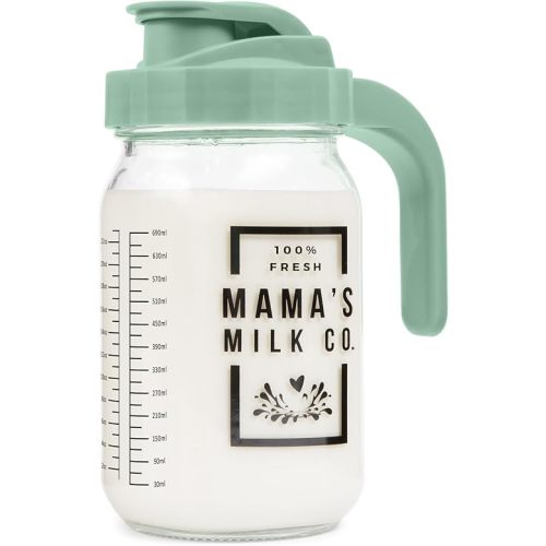 Breast Milk Pitcher (32oz) with Leak Proof Pop Top Lid - Easy Pour Mason Breastmilk Pitcher - Glass Breast Milk Pitcher for Fridge - Breast Milk Storage Containers for Fridge - Pitcher for Breastmilk