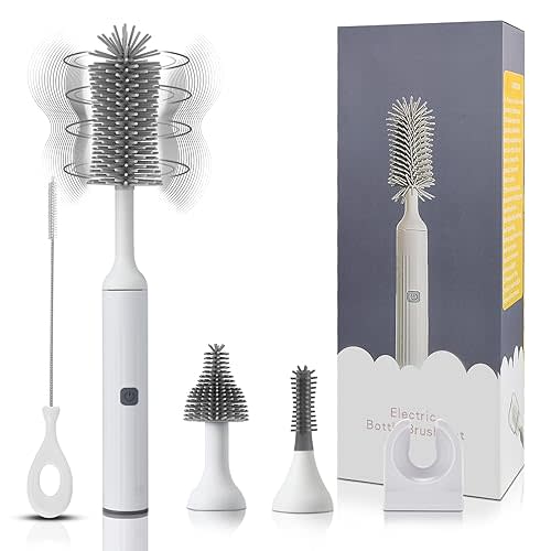Augensterm Electric Cleaning Brush with USB Rechargeable Electric Bottle Brush Cleaner and 3 Replaceable Silicone Bottle Brushes and Straw Cleaner Brush,Perfect Baby Gifts and Kitchen Brushes(White)