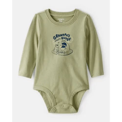 Baby Boy Grandpa's Lunch Buddy Frog Cotton Long-Sleeve Graphic Bodysuit - Green | Carter's