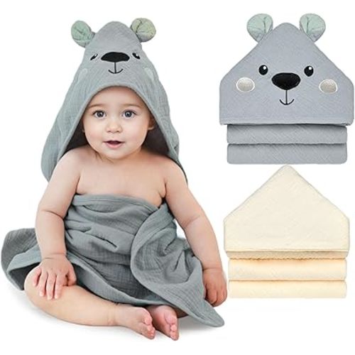 Unicorn Castle Hooded Baby Towels 2Pack 100% Muslin Baby Bath Towels for Newborn Animal Design Ultra-Soft Baby Girl Boy Bath Essentials 30 X 30 Inch,Gray Bear - Beige