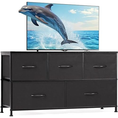 Sweetcrispy Dresser for Bedroom, Wide Chest of Drawers, Fabric Dresser Organizer with 5 Drawers, TV Stand, Storage Organizer Unit with Fabric Bins for Closet, Living Room, Hallway