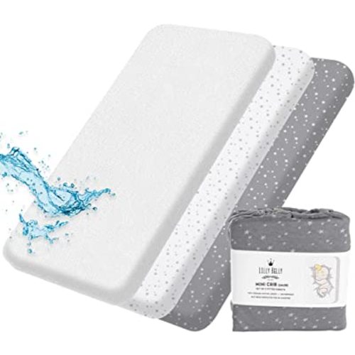 Pack and Play Sheets by Lilly B. Pack of 3-100% Organic Cotton 2 Mini Crib Sheets + 1 Waterproof Mattress Protector for Baby Boys and Girls, Fit All Shape Upto (38Lx 24Wx 6H) inch - Gray / Star