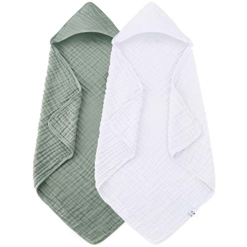 2 Pack Hooded Baby Towels - 100% Muslin Cotton for Newborns, Infants, Toddlers - Large 32x32Inch Size - Highly Absorbent and Essential for Newborn Care