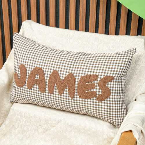 Custom Punch Needle Name Pillow: brown Gingham Cotton Cover, Holiday Cushion