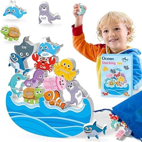 Wooden Stacking Toys, Animal Wooden Balance Stacking Toys with Drawstring Bag, Montessori Balance Competition Storage Game for Party Favors Birthday Gifts(Ocean)