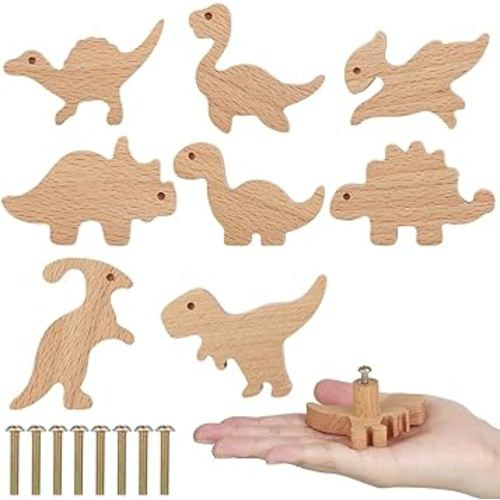 8 Pcs Wooden Animal Cabinet Knobs Wood Drawer Knobs Dresser Knobs Dino Drawer Pulls with Screws Knobs Room Drawer Handles Decor(Dinosaur Theme)