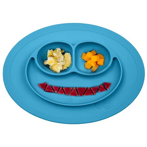 ezpz Mini Mat (Blue) - 100% Silicone Suction Plate with Built-in Placemat-Comes with a Reusable Travel Bag