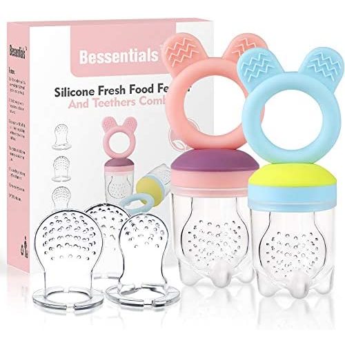 Baby Fruit Food Feeder Pacifier - 2 Packs Silicone Fresh Fruit Feeder BPA Free [All Sizes Silicone Food Pouches Included] (Blue&Pink)