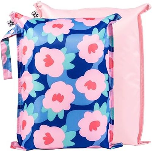 Tiny Twinkle Mess-proof Wet Bags 2 Pack Waterproof and Washable Bag for Travel storage, Stroller, Daycare, Baby Diapers, Yoga, Beach, Pool, Wet Toddler Swimsuits (Blue Floral)