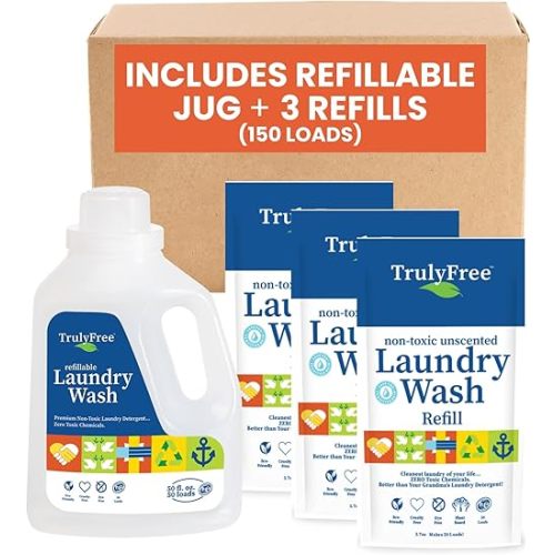 Truly Free Laundry Wash Detergent for Sensitive Skin, Gentle & Safe for Baby Clothes | Plant-Based, Natural Ingredients | Unscented | Include 1 Refillable Bottle (150 Loads)