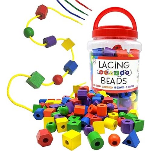 Wooden Lacing Beads & Strings 125 Pieces, Fine Motor Skills Toys for 3 Year Old, Fine Motor Toys, Lacing Beads for Toddlers, Occupational Therapy Toy for Toddler