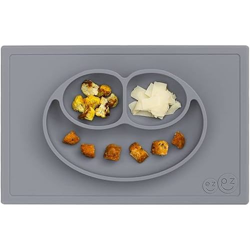 ezpz Happy Mat - 24 Months+ (Gray) - 100% Silicone Suction Plate with Built-in Placemat for Toddlers + Preschoolers - Divided Toddler Plates - Toddler Essentials