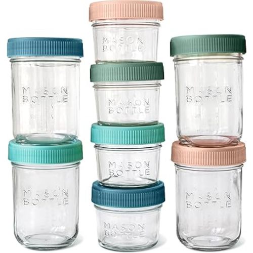 Mason Bottle Breast Milk Storage Jars (4oz & 8oz, 8-Pack) – Reusable Glass Baby Food Containers with Lid for Baby Formula & Breastmilk – Airtight, Stackable, Freezable (Deep Ocean)
