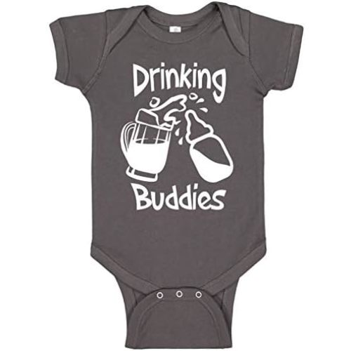 Reaxion Funny Cute Baby Boy Girl Drinking Humor Bodysuits | Mommy Daddy Drinking Buddies With Bottle Mug