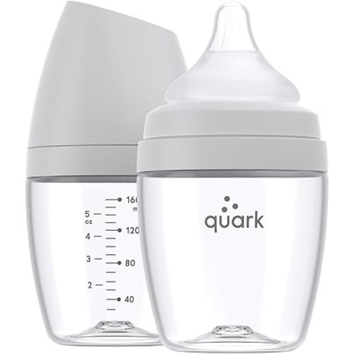 BuubiBottle Mini Slow Flow Bottle for Newborn Babies by Quark - with Anti-Colic RealFeel Nipple to Simulate Breastfeeding - BPA-Free, PVC-Free, Toxin-Free - 5 Oz Bottle with Lid, 2 Pack - Gray