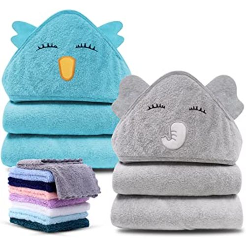 Cute Castle 2 Pack Bamboo Hooded Baby Towel 8 Washcloths - Soft Bath Towel for Bathtub for Newborn, Infant - Ultra Absorbent, Natural Baby Stuff for Boy and Girl (Lovely Elephant, Happy Bird)