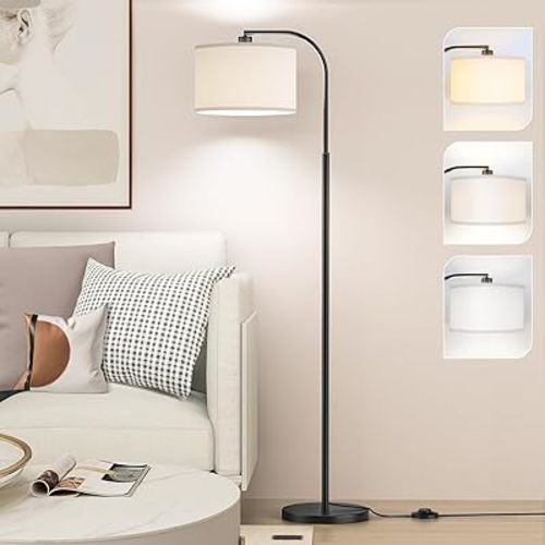Arc Floor Lamps for Living Room with 3 Color Temperatures, Modern Floor Lamp Reading Light with 9W Bulb Included, Standing Lamp with Adjustable White Hanging Lampshade for Bedroom Office(Black)