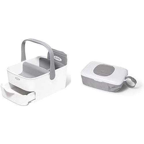 OXO Tot Diaper Caddy with Changing Mat & Tot On-The-Go Wipes Dispenser with Diaper Pouch, Gray