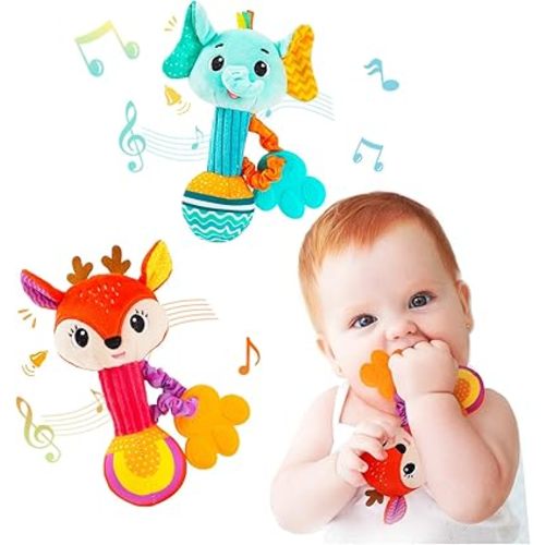 Baby rattles 0-6 months, Set of 2 rattles for babies 0-6 months, Soft Stuffed Animal Rattle Hand Grip Baby Toys, baby rattle Shaker Crinkle Squeaky Sensory Travel Accessories for 0 3 6 9 12 Months old