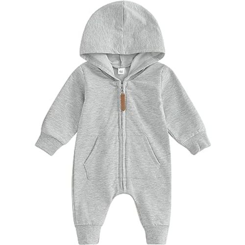 AEEMCEM Newborn Baby Boy Girl Clothes Solid Color Zip Up Long Sleeve Hooded Romper Jumpsuit Coverall Fall Winter Outfit