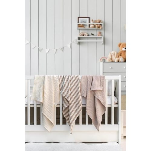 Muslin Swaddle Blankets, 3 Pack Striped Swaddle Blanket - 100% Organic Turkish Cotton Baby Blanket, Swaddles for Newborns, Baby Wrap for Boys - Girls - Perfect (Set of 4-3 Pack)