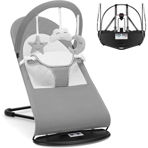 Ergonomic Baby Bouncer Seat - 100% Cotton Fabrics Portable Bouncing Chair with Adjustable Height Positions, Infant Rocker Chair with Hanging Toys-Light Grey