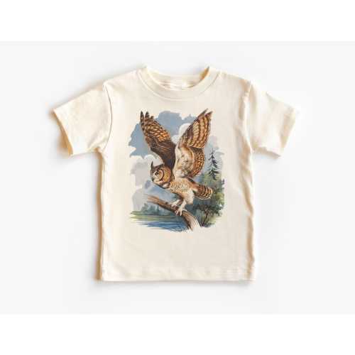 Retro Great Horned Owl Kids Shirt - 90s Birds Of Prey Taking Off Nature Forest Scene - Natural Boho Adult, Toddler & Youth Tee