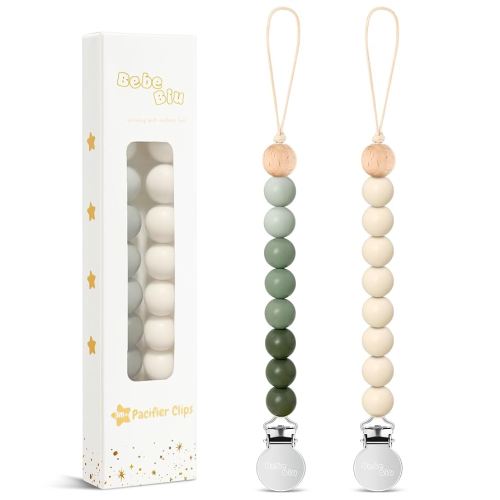 BebeBiu 2 Pack Pacifier Clips, Silicone Pacifier Clip for Baby Boys and Girls, Baby Pacifier Strap with Silicone Beads, Pacifier Holder, Keeps Pacifier Clean (Olive/Cream)