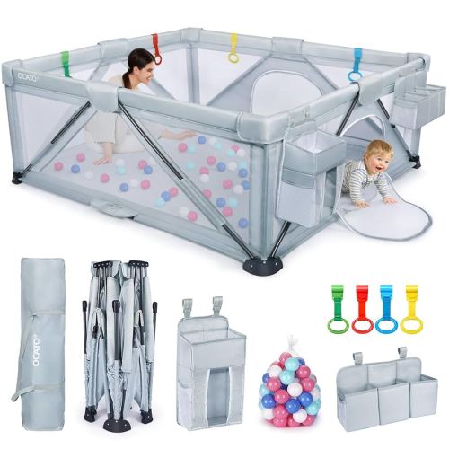 Baby Playpen: Foldable Playpen for Babies and Toddlers Large Play Pen Portable Playpen Fence Kids Safety Area Travel Play Yard with 2 Storage Bags 4 Handlers 50 Balls Indoor Outdoor (71" × 59")