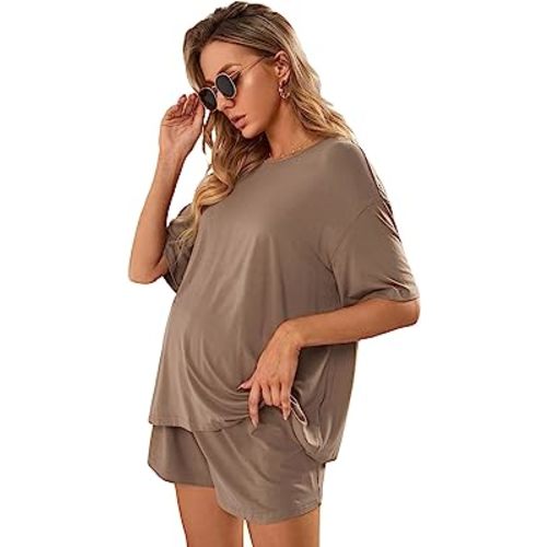Verdusa Women's Maternity Pajama Set 2 Piece Drop Shoulder Top and Short Lounge Sets