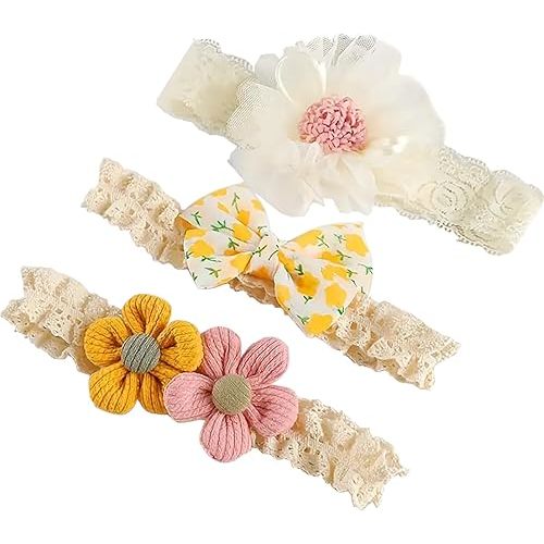 3Pcs Baby Girl Headbands Flower Bow Headband for Baby Girls Soft Hairbands Hair Accessories for Newborn Infant Toddler Kids (Multicolor, average size)