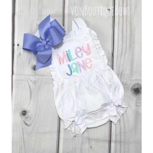 Girls personalized romper, girls name sunsuit, girls bubble name Rainbow Ruffle Outfit Boutique 3 6 12 months 2T pastel baby shower pink