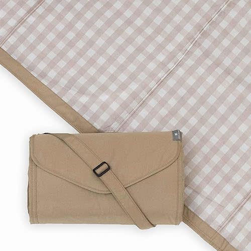 Little Unicorn 5'x7' Outdoor Family Picnic & Beach Blanket | Durable & Water-Resistant Fabric | Compact Fold & Easily Wipes Clean | Zipper Pocket (Beige Buffalo Check)