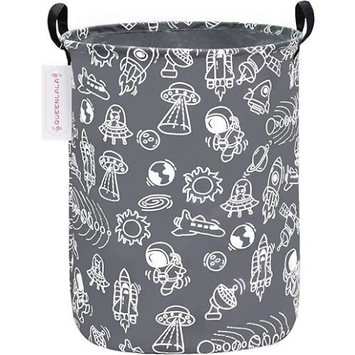 QUEENLALA Large Storage Basket,Laundry Hamper/Bathroom/Home Decor/Collapsible Round Storage Bin,Boys and Girls Hamper/Boxes/Clothing(Round-Grey space exploration)