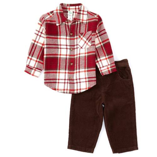 Little Me Baby Boys 12-24 Months Long Sleeve Plaid Woven Top & Solid Woven Pant Set