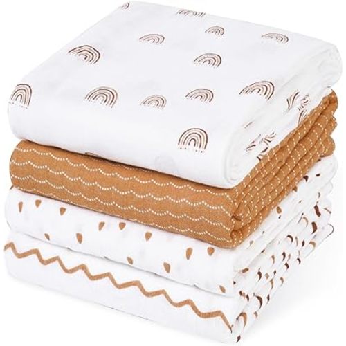 david's kids 4 Pack Baby Muslin Swaddle Blankets, 100% Cotton and Ultra Soft Breathable Receiving Blanket Wrap for Boys Girls, New Born Essentials, Large 47 x 47 inches, Rainbow/Wave