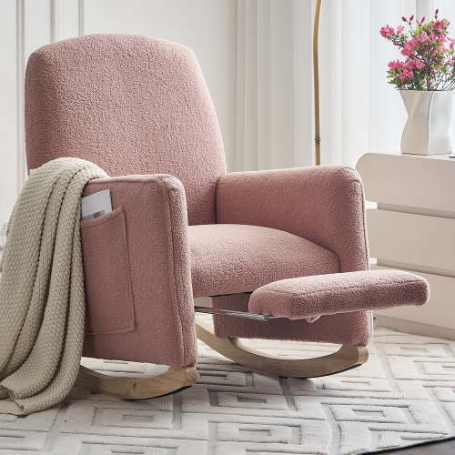 Jopath Nursery Rocking Chair,Teddy Fabric Upholstered Rocking Chair with Adjustable Footrest,Glider Rocker Chair with High Backrest for Living Room,Bedroom,Pink