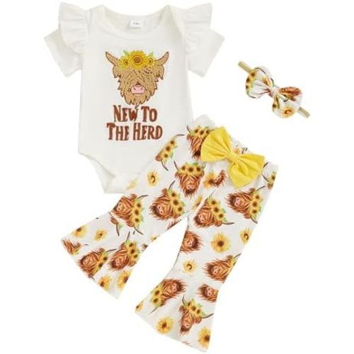 Baby Girl Summer Clothes Western Newborn Girl Short Sleeves Animal Cow Romper Pants Headband Set Outfits