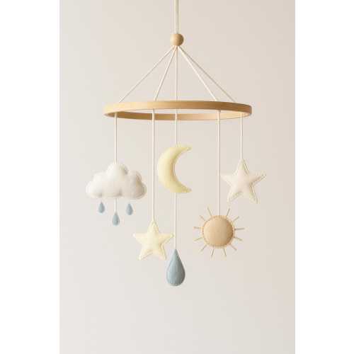 Natural Rain Cloud Sun Moon And Stars Mobile Nursery Felt Sky Baby Mobile Hanging Star Neutral Mobile Baby Shower Gift mobile
