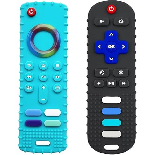 2-Pack Silicone Baby Teething Toys, TV Remote Teethers for 18 Months Infant, Fire TV Remote Shape Toddlers Silicone Teethers for Boys and Girls Sensory Toy
