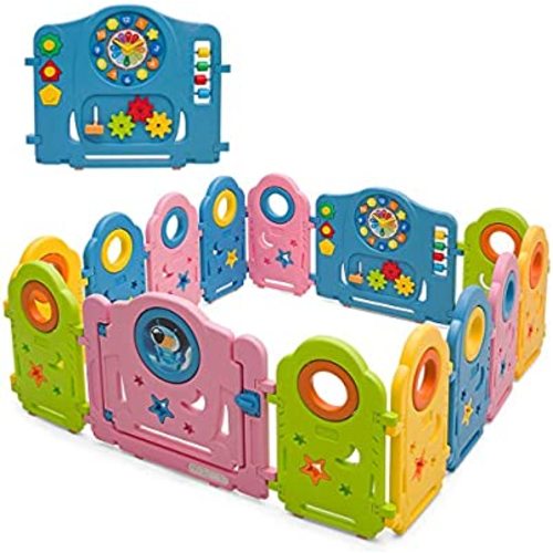 Costzon Baby Play Yards - 14 Panel Portable Thicken Baby Playpen Indoor Outdoor Colorful Rocket Baby Fence with Game Panel, Safety Lock, Non-Slip Bases, Adjustable Shape (Rocket 14- Panel)