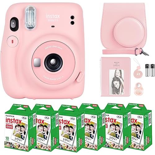 Fujifilm Instax Mini 11 Camera with Fujifilm Instant Mini Film (60 Sheets) Bundle with Deals Number One Accessories Including Carrying Case, Selfie Lens, Photo Album, Stickers (Blush Pink)