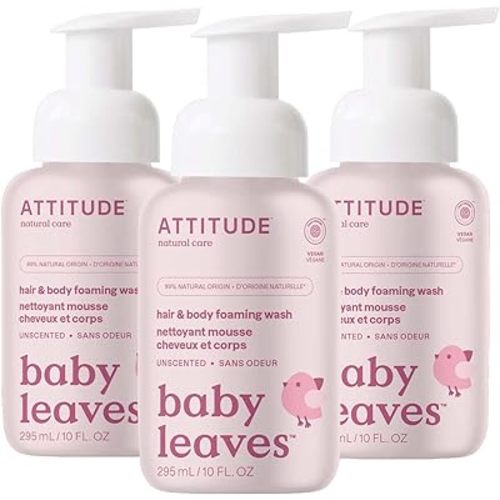 ATTITUDE 2-in-1 Hair and Body Foaming Baby Wash, EWG Verified Shampoo Soap, Dermatologically Tested, Made with Naturally Derived Ingredients, Vegan, Unscented, 10 Fl Oz (Pack of 3)