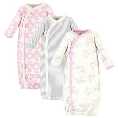 Touched By Nature Baby Girl Organic Cotton Side-closure Snap Long-sleeve Gowns 3pk, Bird, 0-6 Months