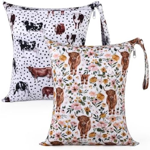 2pcs Cloth Diaper Wet Dry Bags Waterproof Reusable with Two Zippered Pockets Travel Beach Pool Stroller Daycare Soiled Baby Items Yoga Gym Bag for Swimsuits or Wet Clothes - Highland Cow